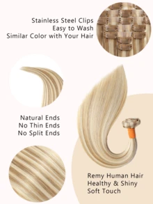 Seamless Clip Ins 10/613 金色 12A 直发无缝 PU 纬纱接发 100% 真人发 7 件/套 万圣节服装 - S10/613 - 查看 2