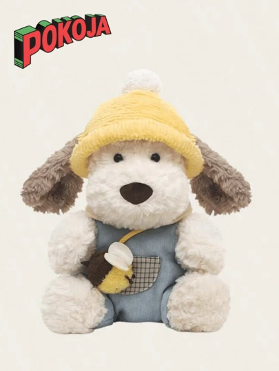 1pc Adorable Costumed Maltese Dog Plushie - Cuddly White & Tan Dog With Yellow Knit Hat, Soft Polyester Stuffed Animal, Perfect Home Decoration & Gift For Seasonal Joy, Cozy Home Accent