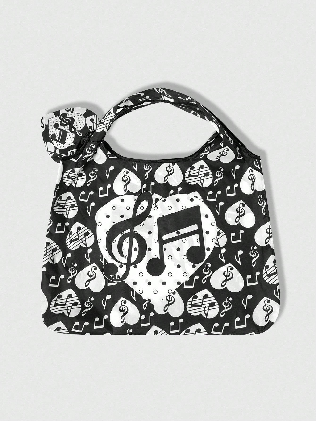 Kawaii Large Capacity Foldable Tote Bag With Heart & Music Note Pattern, Portable Shopping Bag With Coin Purse