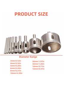 10Pcs Diamond Drill Bit Set 3mm-50mm Coated Hole Saw Drill Bits For Tile, Marble, Glass, Ceramic Hole Openers - Silver - View 5