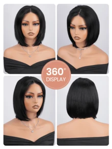 即戴即用，预先拔毛和修剪的蕾丝融合假发，4x4 无胶前假发，100% 真人发，直发，180% 密度，带婴儿发，女士真人发假发，8-14 英寸波波头假发，16-24 英寸无胶闭合假发，即戴即用，自然色，丝滑柔顺，适合日常佩戴，适合初学者，无胶假发，真人发，万圣节妆容假发，角色扮演仙女假发，度假装扮，旅行，节日，舞会，户外角色扮演，校园，学校，海滩，婚礼，露营，节日装扮，夏季 - Natural Black - 查看 6