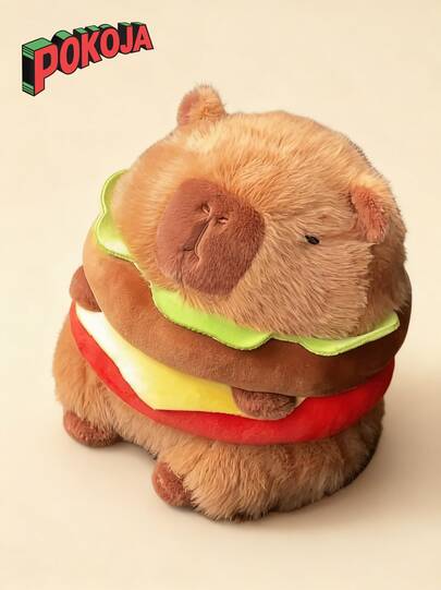 Cute Capybara Hamburger Plush Toy - Soft Polyester Home Decor Doll With Vibrant Burger Design, Brown & White Capybara In A Hamburger Outfit, Perfect For Rooms Or As A Unique Gift, Dollhouse Accessory | Playful Design | Durable Fabric, Capybara Decor