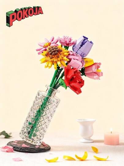 1 件微型积木人造花束 DIY 独特家居装饰，植物系列，适合女朋友礼物、母亲节礼物、生日礼物、时尚玩具房间装饰