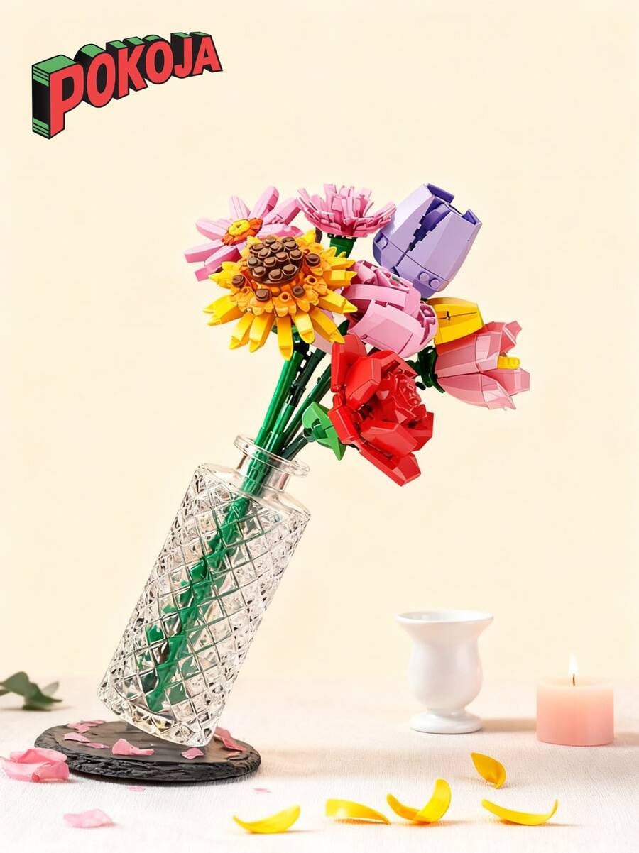 1 件微型积木人造花束 DIY 独特家居装饰，植物系列，适合女朋友礼物、母亲节礼物、生日礼物、时尚玩具房间装饰 - 多色 - 查看 1