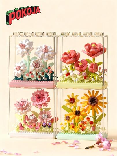 9种类型，1-4英寸创意花朵积木玩具，DIY花朵模型，DIY工艺花束，透明亚克力盒，ABS塑料，花朵积木套装，浪漫风格，形状包括康乃馨、玫瑰、郁金香、风信子、牡丹、向日葵、山茶花、栀子花，可堆叠积木玩具，玩具，礼物，