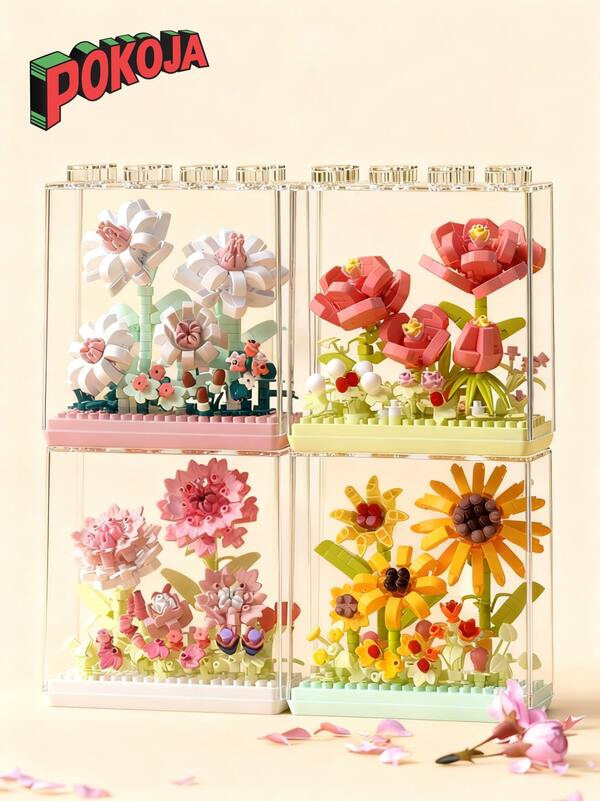 9种类型，1-4英寸创意花朵积木玩具，DIY花朵模型，DIY工艺花束，透明亚克力盒，ABS塑料，花朵积木套装，浪漫风格，形状包括康乃馨、玫瑰、郁金香、风信子、牡丹、向日葵、山茶花、栀子花，可堆叠积木玩具，玩具，礼物，