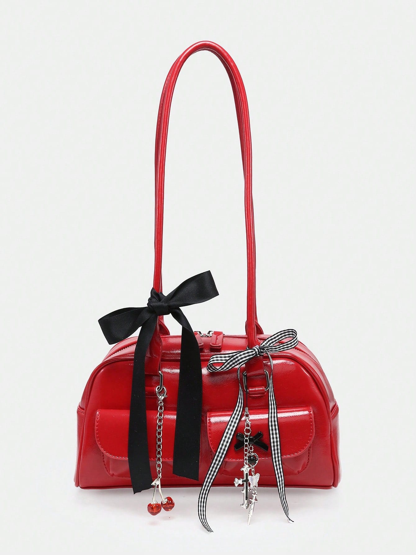 Kawaii Retro Cute Polka Dot Bowknot Decor Cherry Heart Shoulder Underarm Bag With Multiple Pockets For Women