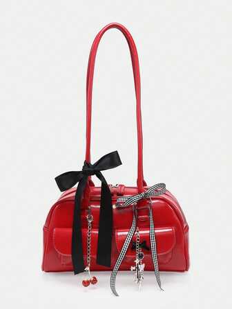 Kawaii Borsa a tracolla retrò e carina per donna con decorazioni a pois e fiocco, motivo a cuori e ciliegie, con tasche multiple