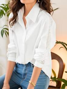 SHEIN Unity Women's Spring/Summer Long Sleeve White Lace Hollow Out Shirt With Open Collar,Long Sleeve Tops Fall Cloth For Women