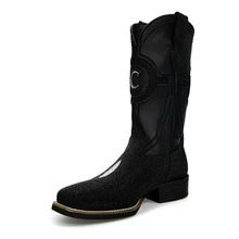Men High-Top Leather Riding Boots - Black - View 3