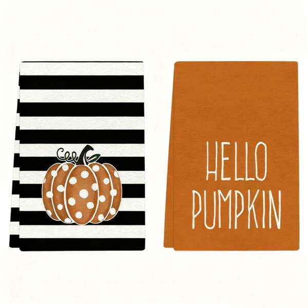 2 piezas Toallas de Otoño, Acción de Gracias y Halloween - Super suaves de poliéster, muy absorbentes, toallas decorativas para cocina y baño, con diseños de calabaza de dibujos animados, a rayas y con estampado de letras