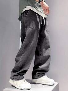 青少年男孩复古风松紧腰宽松舒适洗水深色锥形牛仔裤