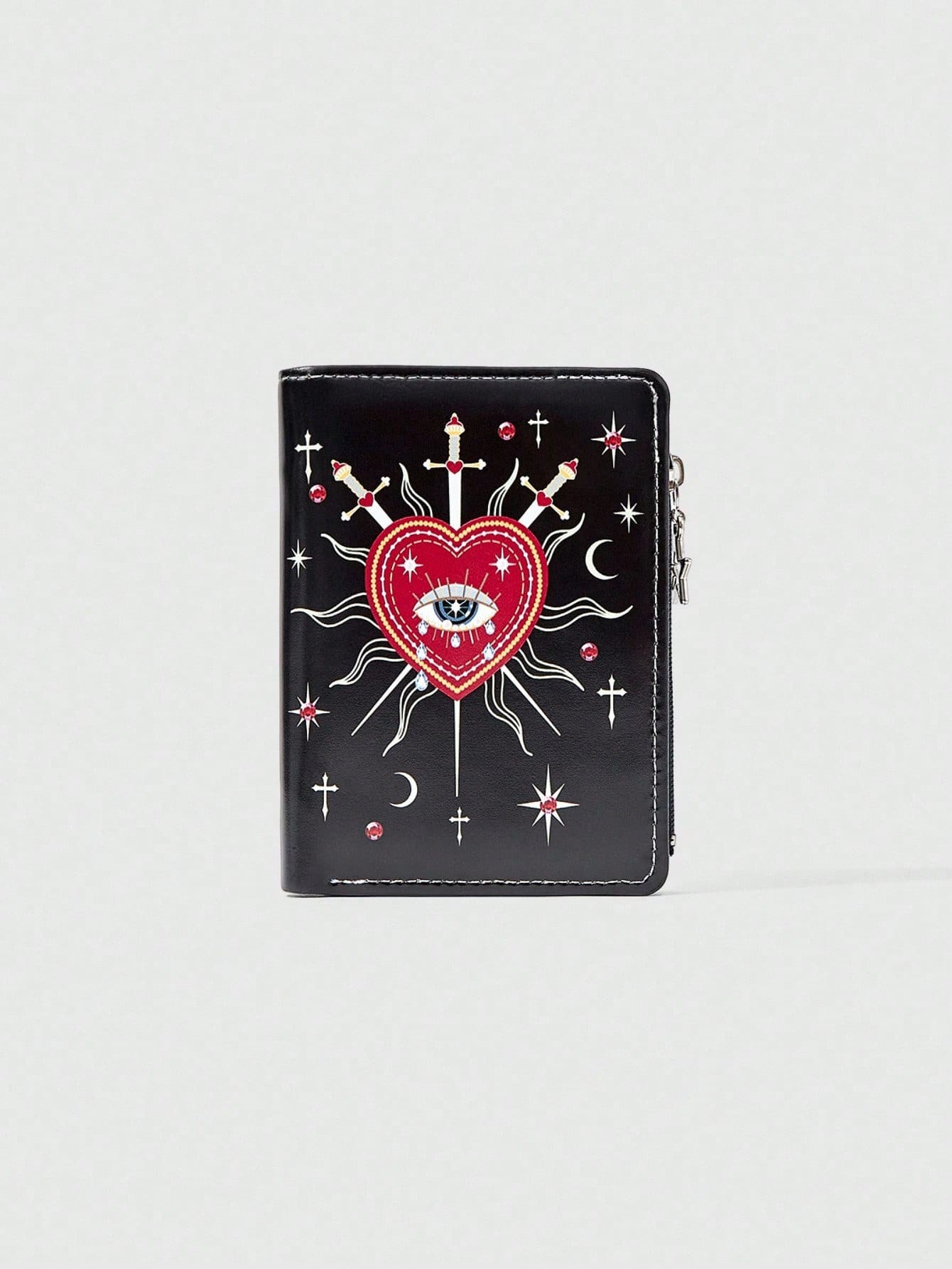 Gothic Style Wallet, Punk Girl Love Eye Gem Crystal Teardrop, Star, Sun, Sword Creative Design Pentagram Zipper Coin Purse, Casual Fashion Card Holder