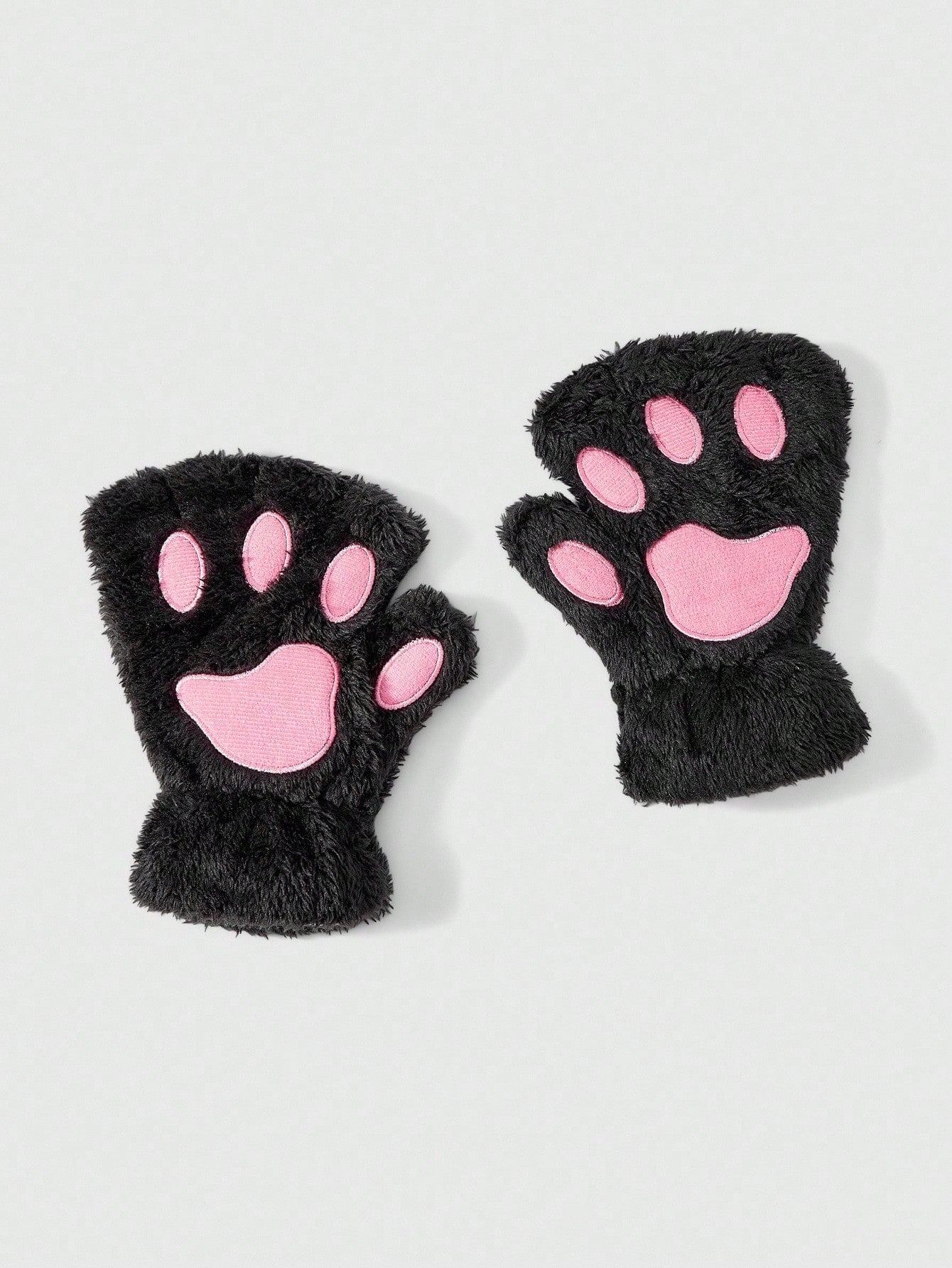 Kawaii Guantes sin dedos con bordado de pata de gato de dibujos animados, guantes cálidos y esponjosos de media mano para cosplay, uso casual al aire libre en otoño/invierno