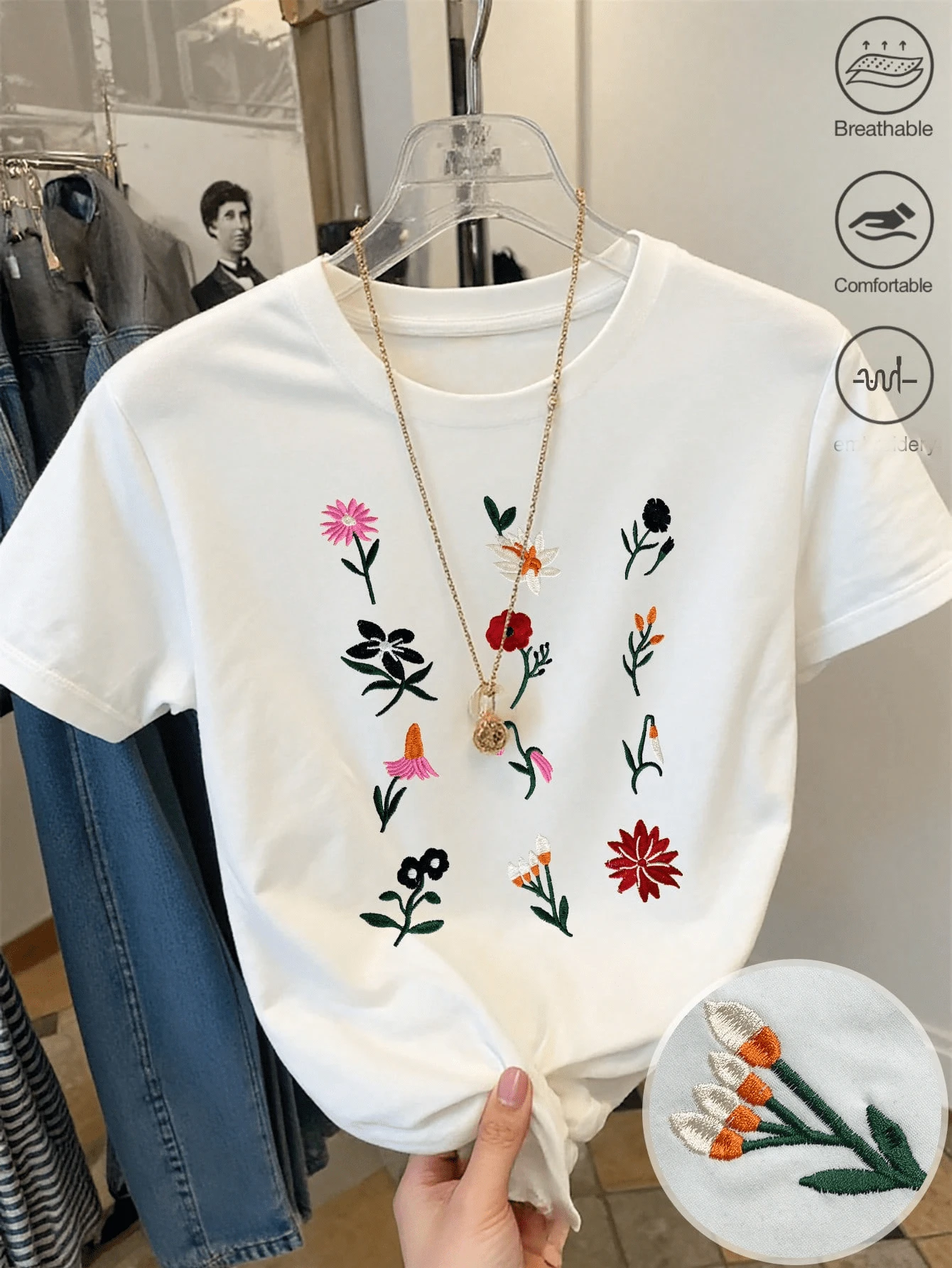 Playera mujer casual floral bordado poliéster blanco transpirable ajuste regular cuello redondo manga corta primavera verano diario - Blanco - Ver 1