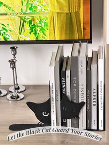 Muroi Mono 2pcs Iron Cat Shaped Bookends, Heavy Duty Metal Desk Bookends With Whimsical Cat Design, Decorative Bookends With Rounded Corners, Book Clamps, For Office, Library, Bookshelf Desk Decor - Black - View 2