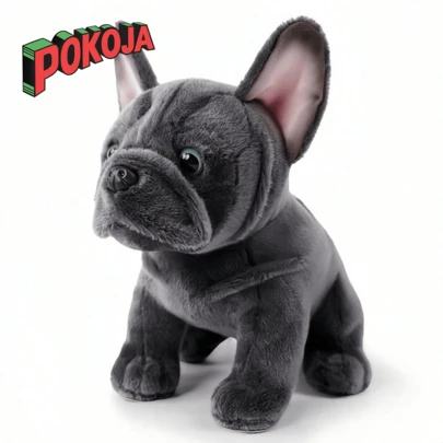 法国斗牛犬毛绒玩具 - 柔软逼真的法斗幼犬玩具，拥有灵动的眼神、黑灰色的粗糙毛发、浅米色的毛绒绒的蓬松耳朵 - 是生日、圣诞节、腹语练习的理想礼物 - 经久耐用，柔软舒适，是男孩女孩的宠物伴侣，可爱的泰迪熊、兔子毛绒玩具、小泰迪熊