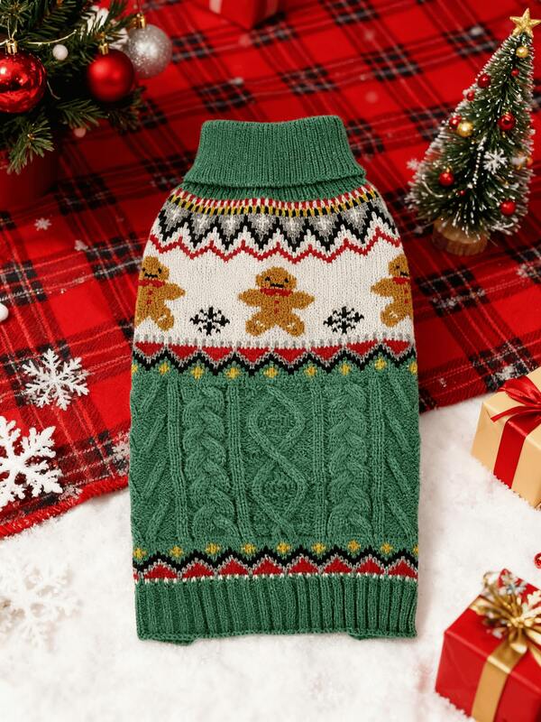 PETSIN Gingerbread Man & Deer Print Christmas Pet Sweater, Red & Green, Warm Clothing For Small Dogs And Cats In Autumn/Winter