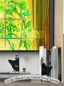 Muroi Mono 2pcs Iron Cat Shaped Bookends, Heavy Duty Metal Desk Bookends With Whimsical Cat Design, Decorative Bookends With Rounded Corners, Book Clamps, For Office, Library, Bookshelf Desk Decor - Black - View 1