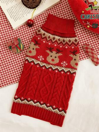 PETSIN Gingerbread Deer Dual Colors Christmas Pet Sweater, Warm Knitted Puppy Dog Clothes For Small Dogs And Cats, Autumn/Winter