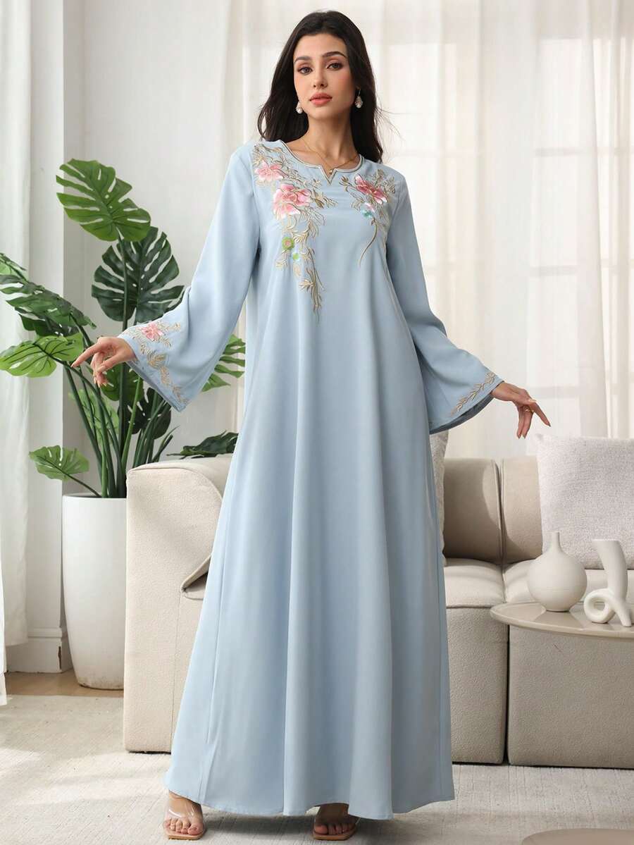 SHEIN Najma 女士宽松长款优雅刺绣长袍 - 霧霾藍 - 查看 1