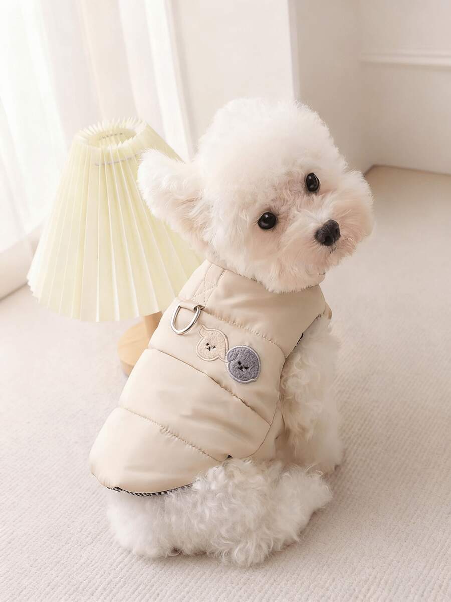 PETSIN 1件寵物卡通狗刺繡厚外套 - 卡其色 - 查看 1