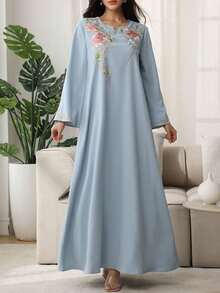 SHEIN Najma 女士宽松长款优雅刺绣长袍 - 霧霾藍 - 查看 4