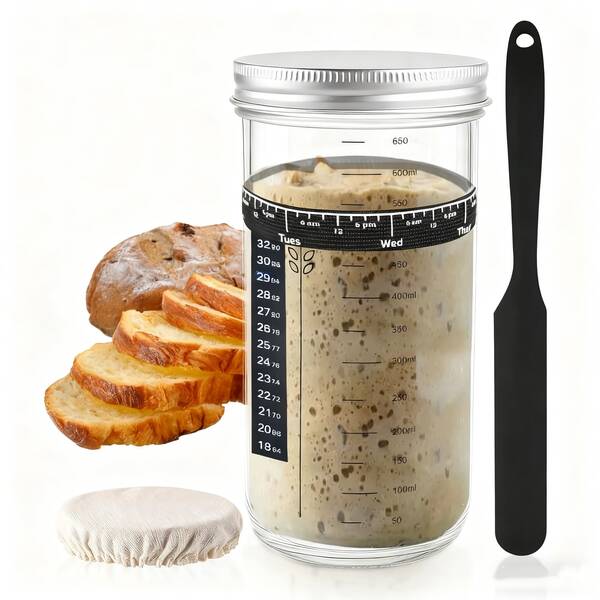 Sauerteig-Starter-Set, 680 ml Großraum-Sauerteig-Gärungsglas mit Aluminiumdeckel, datierter Fütterungsstreifen, Silikon-Spachtel, Tuchdeckel und Thermometerstreifen, Sauerteig-Behälter für Brotbacken, Brauutensilien, Fermentationsutensilien, wiederverwendbare Sauerteig-Backutensilien