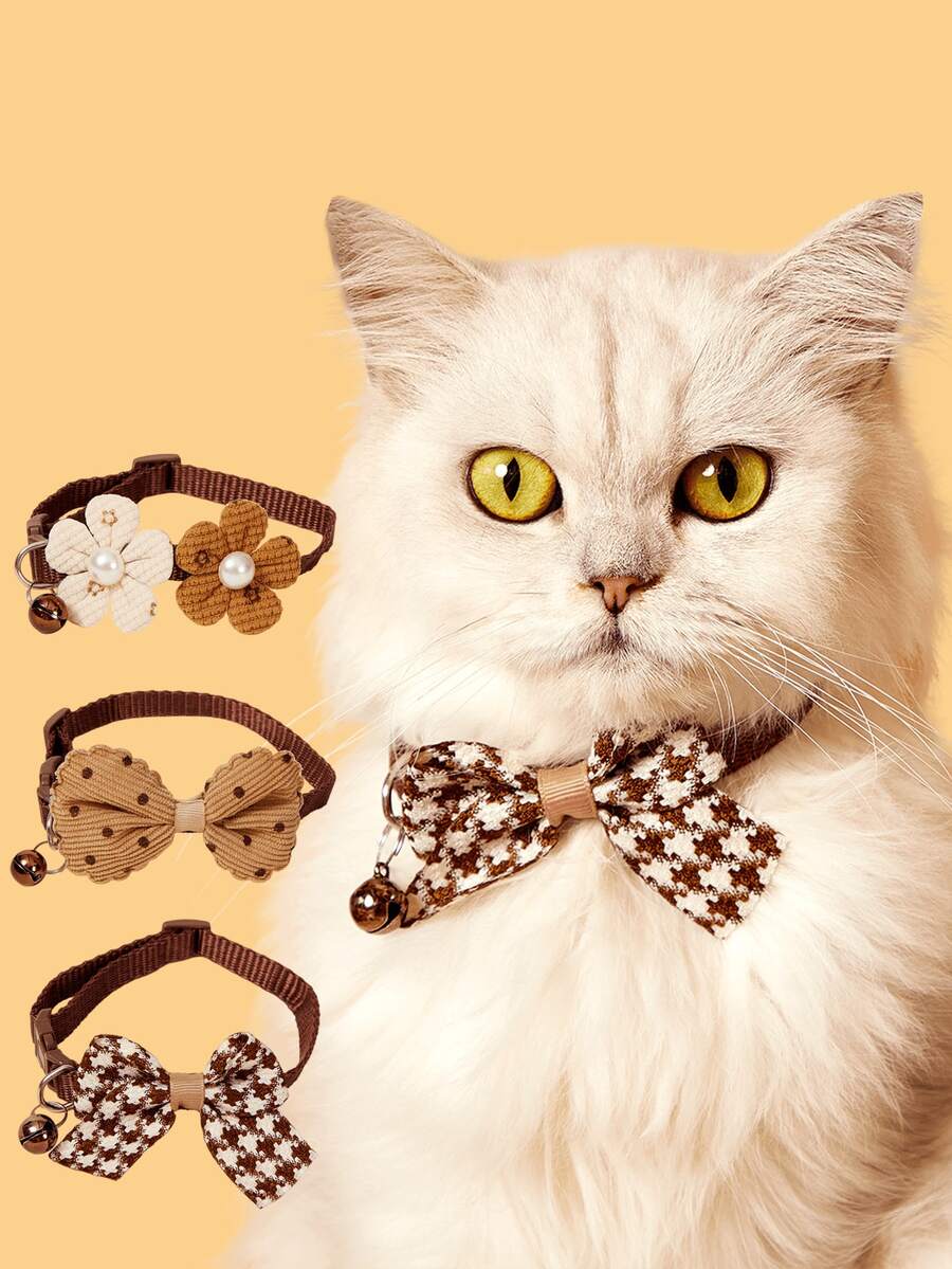 PETSIN 1pc Or 3pcs/Set Adorable Bowknot Cat & Dog Bell Collar, Suitable For Daily Use - Multicolor - View 1