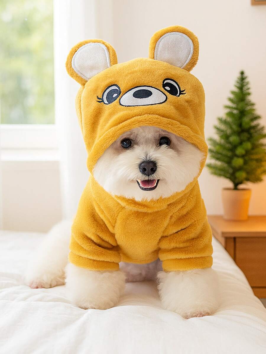 PETSIN 1 件猫狗衣服，秋冬季法兰绒加厚保暖连帽衫，可爱小熊造型变身装，冬季宠物舒适连帽运动衫