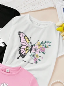 Mujer camiseta casual suave estampado floral mariposa colores vivos holgada cuello redondo manga corta primavera verano diario - Multicolor - Ver 4