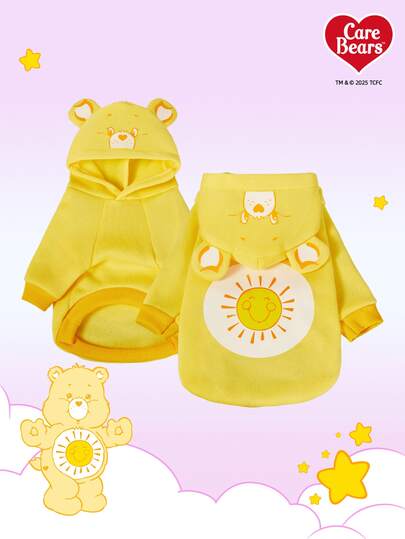Care Bears X PETSIN 1pc Funshine Bear Printed Yellow Cute Three-Dimensional Ear Hooded Sweatshirt For Pets, Cat And Dog Universal Plush Warm And Comfortable Dog Sweatshirt