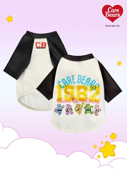Care Bears X PETSIN 1pc Little Bear Retro College Style Cartoon Pattern Printed Black And White Cute And Comfortable Stretch Pet Cat And Dog Universal Raglan Sleeve T-Shirt