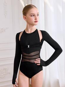 Collant de Ballet para Meninas Pré-Adolescentes, Estampa de Leopardo Preto Fosco com Contraste de Tela Splice em Duas Peças para Apresentação de Dança - Preto - Visão 5