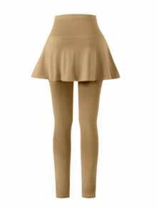 SHEIN Sparklyn 少女休闲优雅二合一裤子，饰有蝴蝶结，适合春、秋、夏季穿着 - 卡其色 - 查看 2