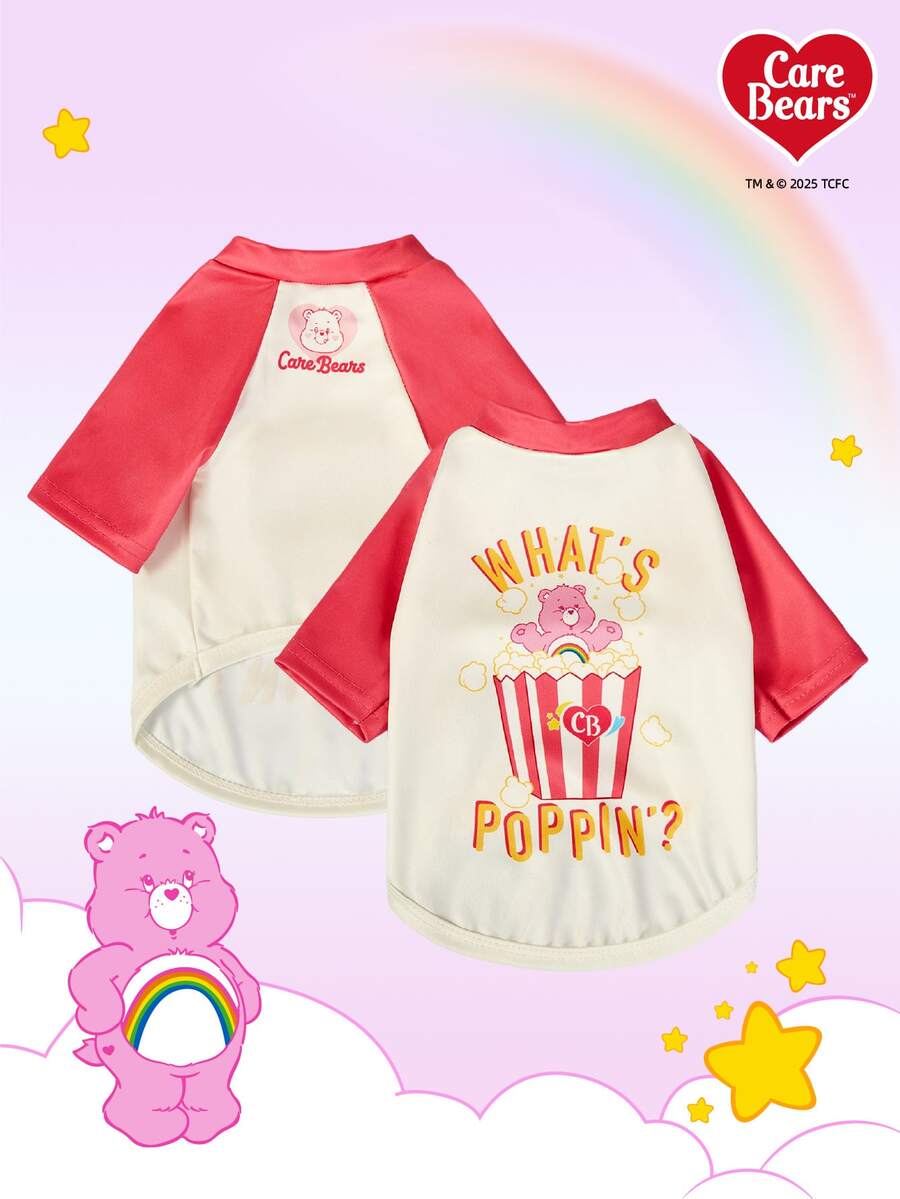 Care Bears X PETSIN 1 件“What's Poppin”泰迪熊爆米花卡通图案印花粉色和白色拼色可爱舒适弹力宠物猫狗通用插肩袖 T 恤 - 彩色 - 查看 1