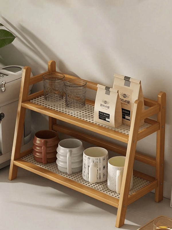 1pc Creative Double-Layer Rattan Desktop Storage Rack, Organization For Cups, Coffee, Snacks, Water Cups, And Figurines