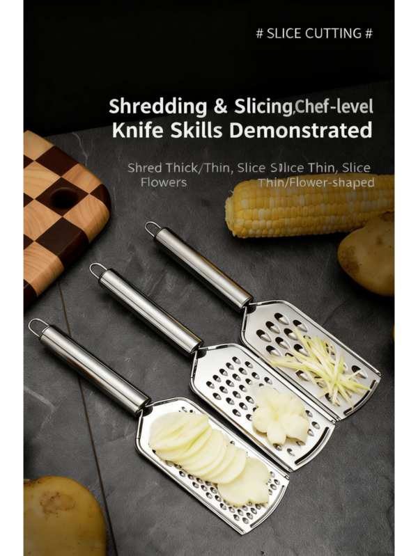 Zazumi 1pc/2pcs Stainless Steel Multifunctional Slicer, Radish Slicer, Potato Slicer, Vegetable Slicer, Scraper, Lemon Slicer, Cheese Grinder, Cheese Slicer, Multifunctional Stainless Steel Garlic Slicer