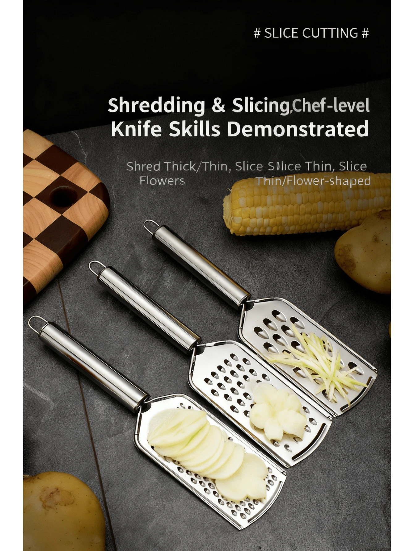 Zazumi 1pc/2pcs Stainless Steel Multifunctional Slicer, Radish Slicer, Potato Slicer, Vegetable Slicer, Scraper, Lemon Slicer, Cheese Grinder, Cheese Slicer, Multifunctional Stainless Steel Garlic Slicer - Silver - View 1