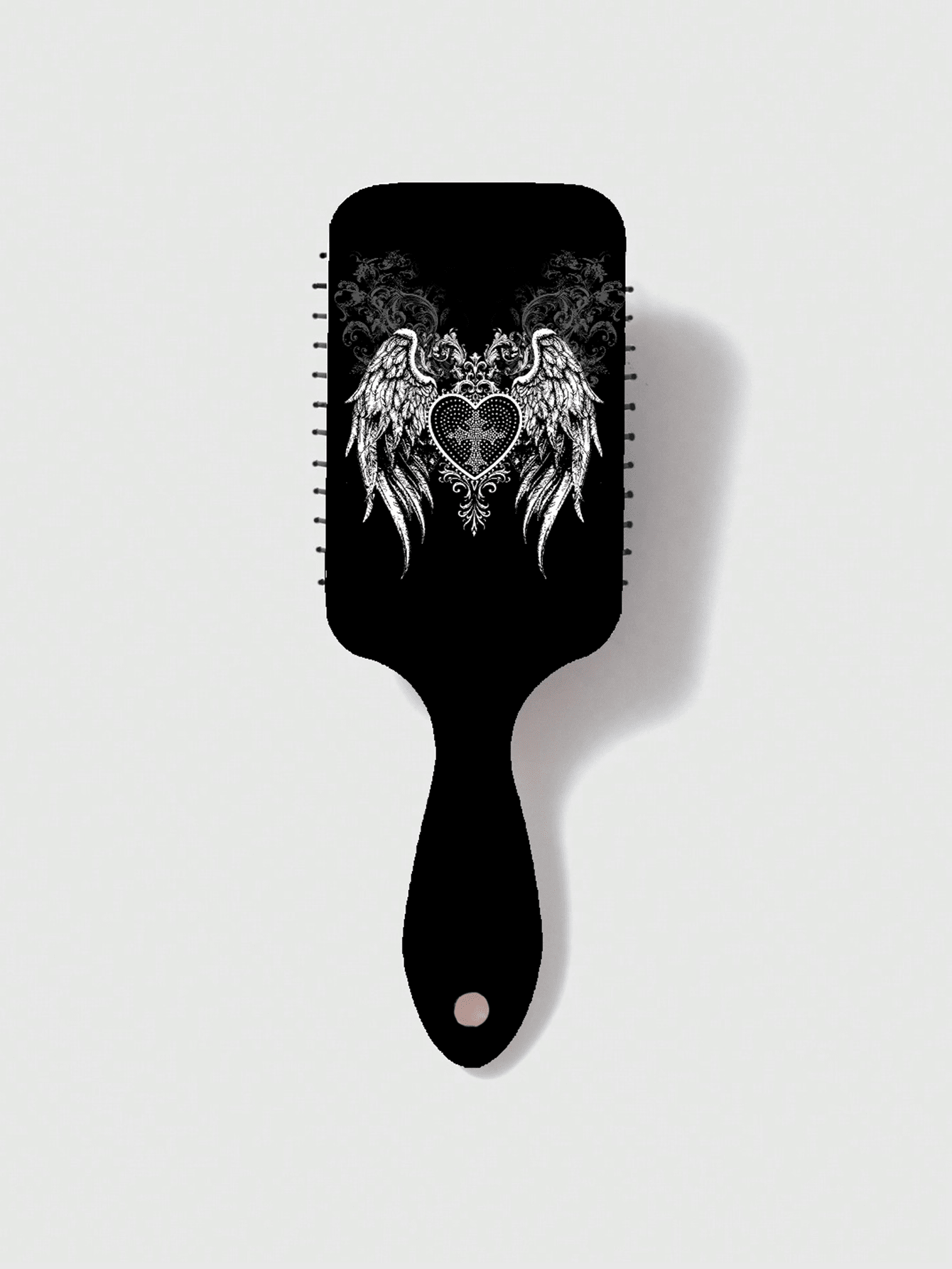 Grunge Punk 1 pieza Cepillo de pelo con alas de corazón negro, estilo punk, para masaje del cuero cabelludo. Cepillo de pelo portátil cuadrado con cojín de aire para mujeres