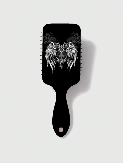 ROMWE Grunge Punk 1pc Black Heart Wing Punk Massage Scalp Hair Brush, Air Cushion Square Portable Hair Brush For Women