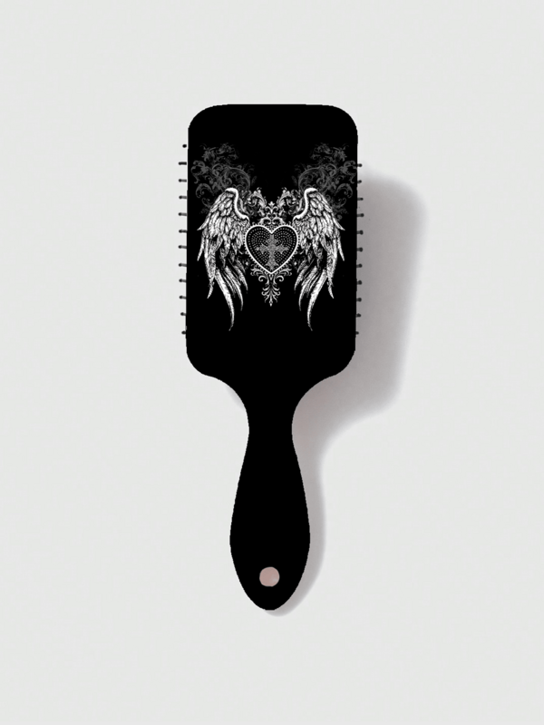 ROMWE Grunge Punk 1pc Black Heart Wing Punk Massage Scalp Hair Brush, Air Cushion Square Portable Hair Brush For Women