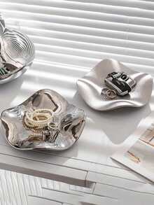 1pc Silver Ceramic Jewelry Tray, Luxury Jewelry Organizer Tray For Entryway, Key, Watch, Perfume And Decoration, Suitable For Home, Room, Living Room And Office Organizer Storage Box Travel