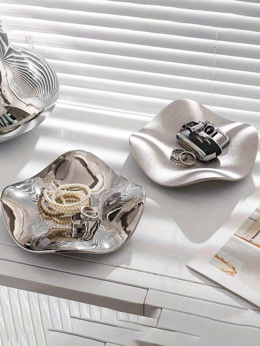 1pc Silver Ceramic Jewelry Tray, Luxury Jewelry Organizer Tray For Entryway, Key, Watch, Perfume And Decoration, Suitable For Home, Room, Living Room And Office Organizer Storage Box Travel