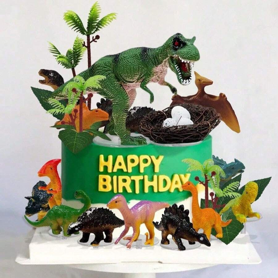 23 piezas Decoraciones de pastel de cumpleaños con tema de Tyrannosaurus Rex, huevos de dinosaurio, hojas y dinosaurios simulados, sombreros de decoración de fiesta de cumpleaños con tema de dinosaurios, adecuado para decoraciones de pastel de cumpleaños, decoraciones de pastel de cumpleaños para hombres, adornos de decoración de mesa de fiesta con tema de dinosaurios - Multicolor - Ver 1