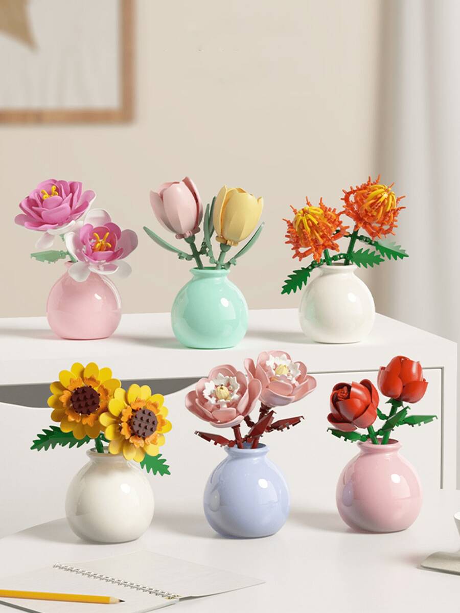 POKOJA LAND 1 件/846 件人造永生花多肉植物手工花束 DIY 百合/菊花/玫瑰/芙蓉/牡丹/向日葵/郁金香/栀子花 3D 拼图组装积木模型家居装饰桌面摆件,母亲节/生日礼物 - 彩色 - 查看 1
