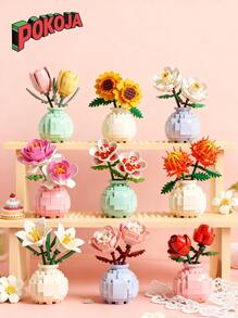 1pc/846pcs Artificial Everlasting Flowers Succulent Plants Handmade Flower Bouquets DIY Lily/Chrysanthemum/Rose/Hibiscus/Peony/Sunflower/Tulip/Gardenia 3D Puzzle Assembly Building Blocks Model Home Decor Desktop Ornaments, Mother's Day/Birthday Gift