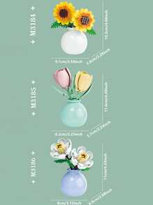 1pc/846pcs Artificial Everlasting Flowers Succulent Plants Handmade Flower Bouquets DIY Lily/Chrysanthemum/Rose/Hibiscus/Peony/Sunflower/Tulip/Gardenia 3D Puzzle Assembly Building Blocks Model Home Decor Desktop Ornaments, Mother's Day/Birthday Gift - Multicolor - View 3