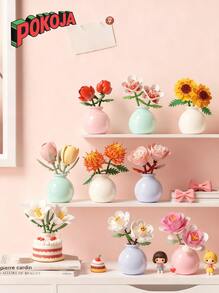 1pc/846pcs Artificial Everlasting Flowers Succulent Plants Handmade Flower Bouquets DIY Lily/Chrysanthemum/Rose/Hibiscus/Peony/Sunflower/Tulip/Gardenia 3D Puzzle Assembly Building Blocks Model Home Decor Desktop Ornaments, Mother's Day/Birthday Gift