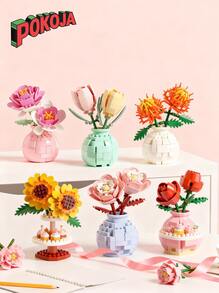 1pc/846pcs Artificial Everlasting Flowers Succulent Plants Handmade Flower Bouquets DIY Lily/Chrysanthemum/Rose/Hibiscus/Peony/Sunflower/Tulip/Gardenia 3D Puzzle Assembly Building Blocks Model Home Decor Desktop Ornaments, Mother's Day/Birthday Gift